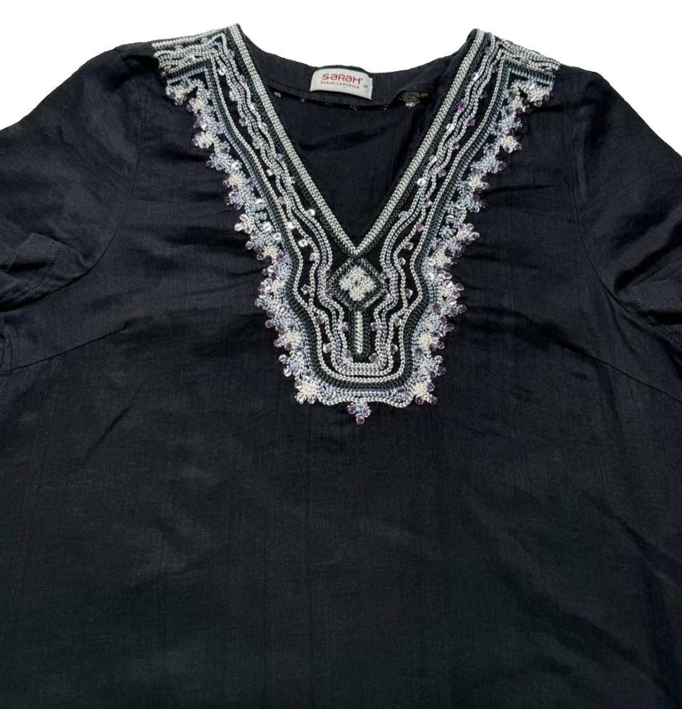 Sahah Black Beaded V-Neck Tunic Dress Short Sleeve Drawstring Waist - Size M
