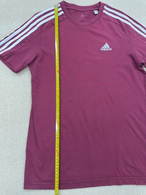 Adidas Men's Maroon Striped 3-Stripes T-Shirt S Cotton Crewneck
