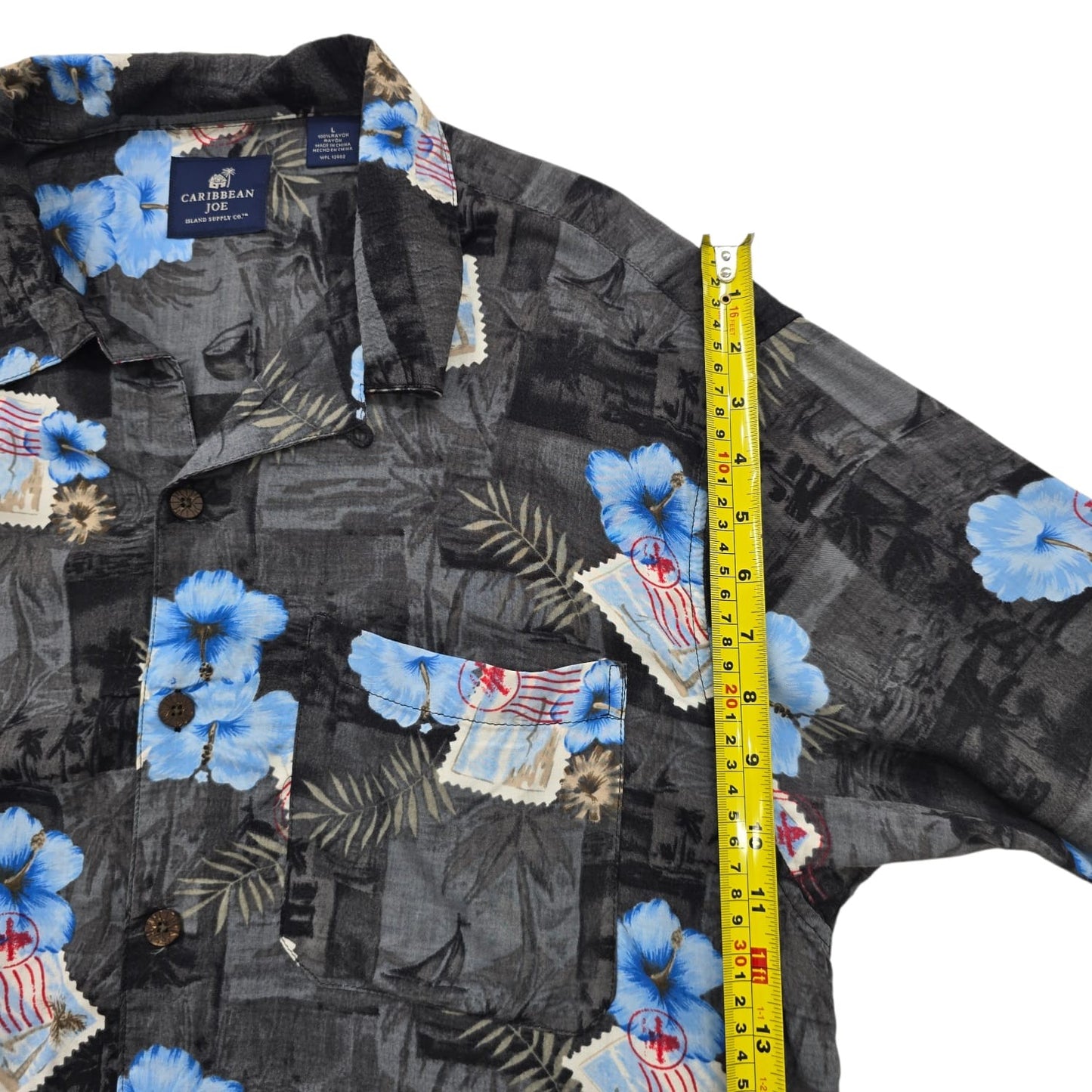 Caribbean Joe Men's Black Floral Hawaiian Shirt Size L