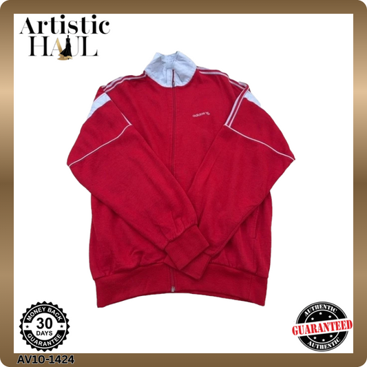 Vintage Adidas Men's Red Jacket – Size L, Full Zip, Cotton