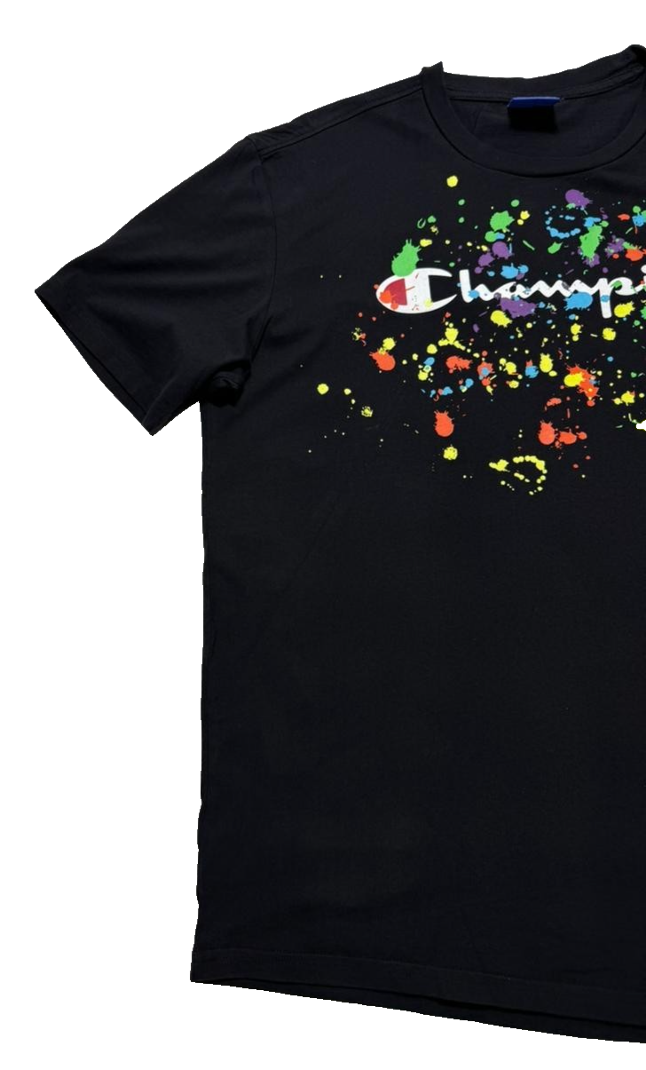 Champion Men's Black T-Shirt Short Sleeve Paint Splatter Logo Tee Casual Top