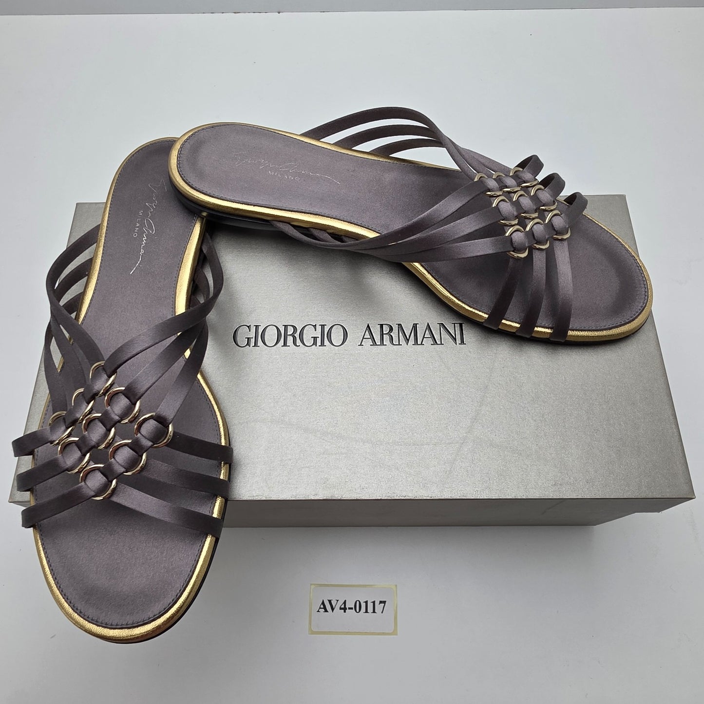 Giorgio Armani Black Leather Golden Trim Flat Sandals With Rings Size 39 BNWT
