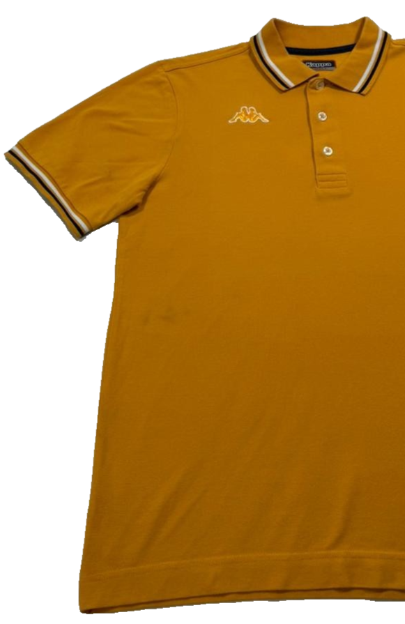 Men's Retro Kappa Yellow Polo With Striped Collar And Cuffs - Size Small