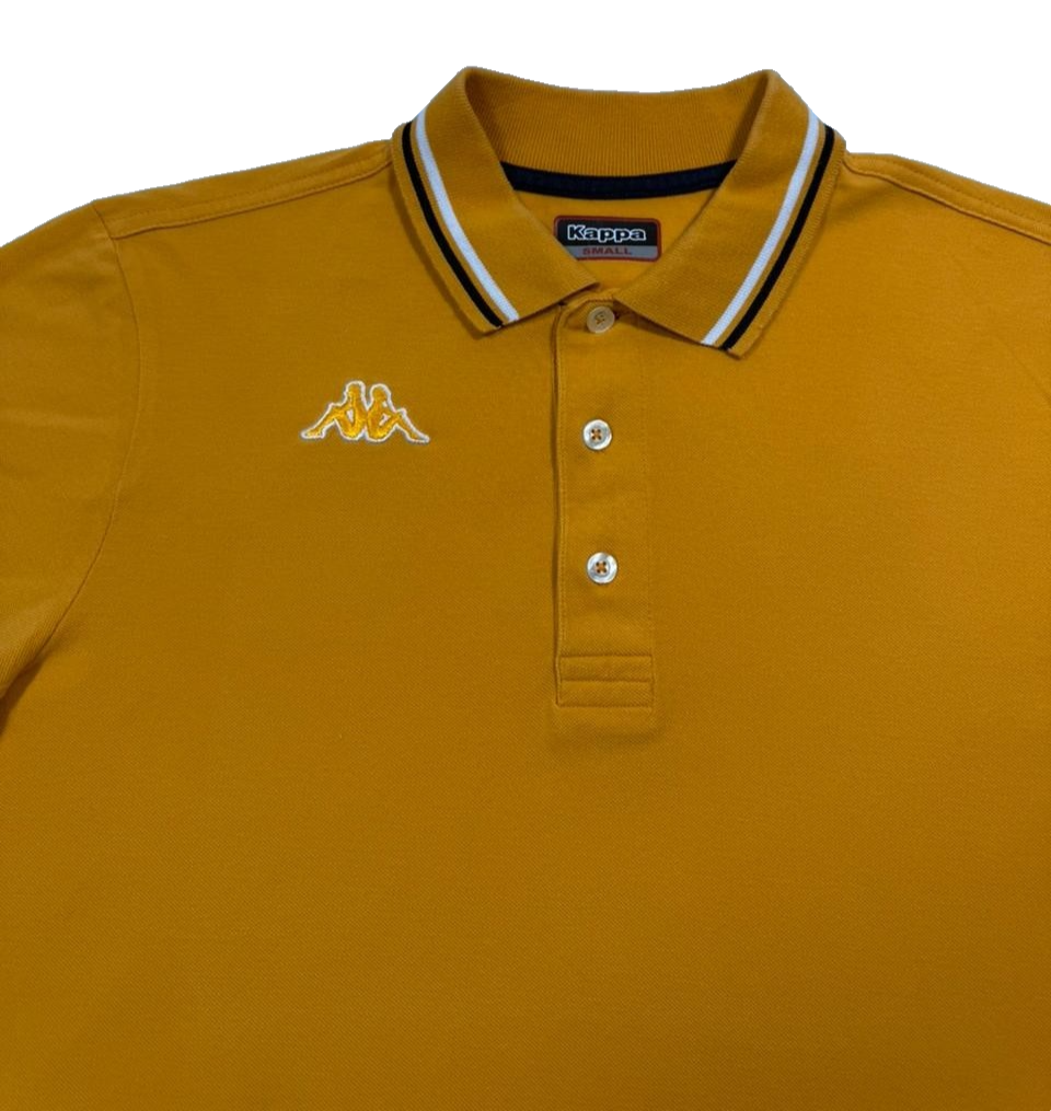 Men's Retro Kappa Yellow Polo With Striped Collar And Cuffs - Size Small