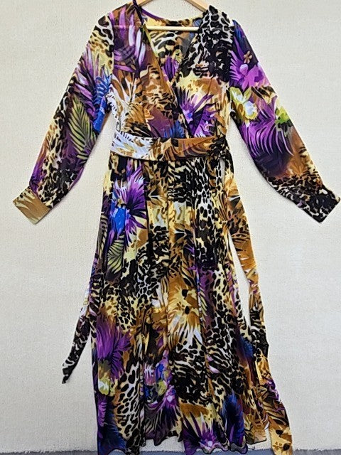 Spy Zone Exchange Maxi Dress M Floral Animal Print Chiffon Vintage