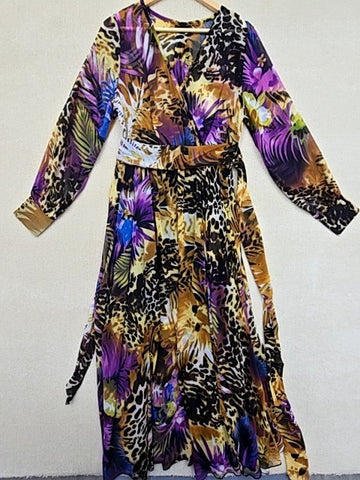 Spy Zone Exchange Maxi Dress M Floral Animal Print Chiffon Vintage
