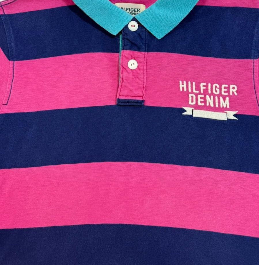 Tommy Hilfiger Women's Denim Striped Polo Shirt Short Sleeve Cotton Size XL