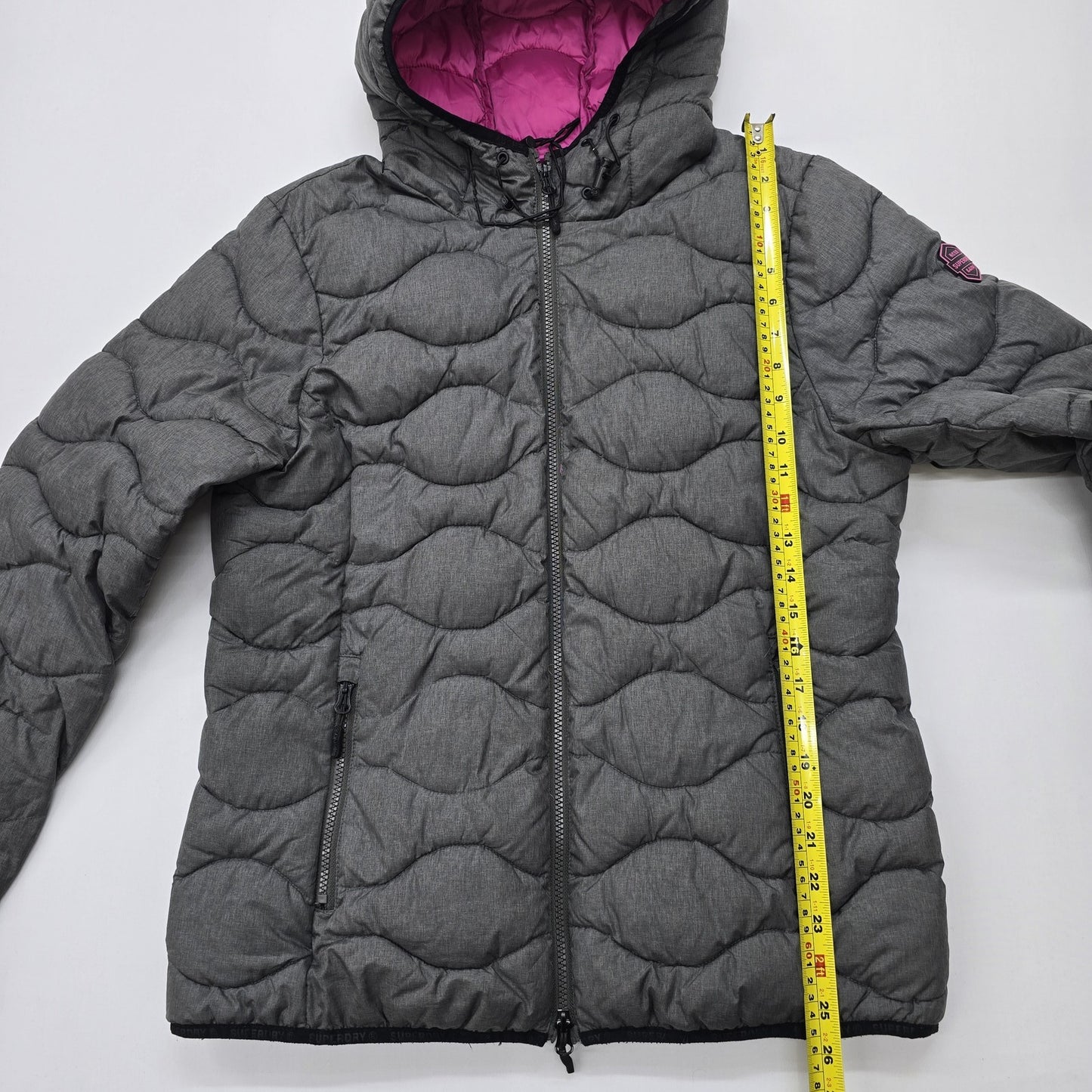Superdry Boys Gray Puffer Jacket Hooded Quilted Full Zip Size M Midweight
