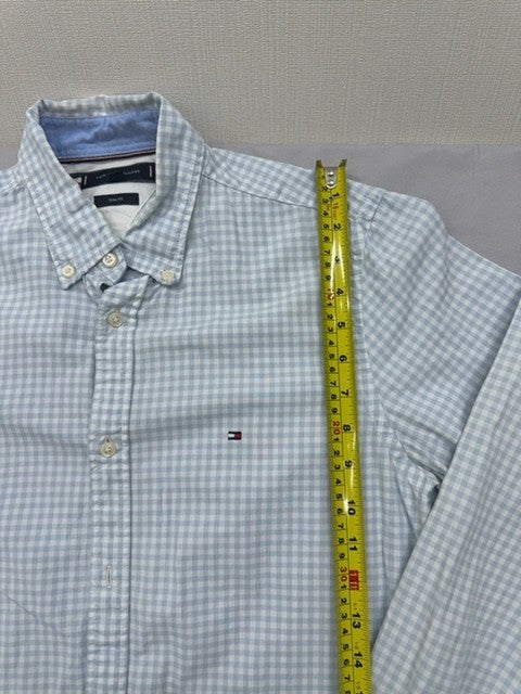 Tommy Hilfiger Men's Light Blue Gingham Slim Fit Long Sleeve Cotton Shirt M