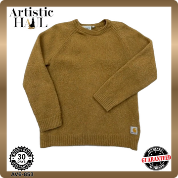Carhartt WIP Mustard Wool Blend Crewneck Sweater L Men Long Sleeve Logo