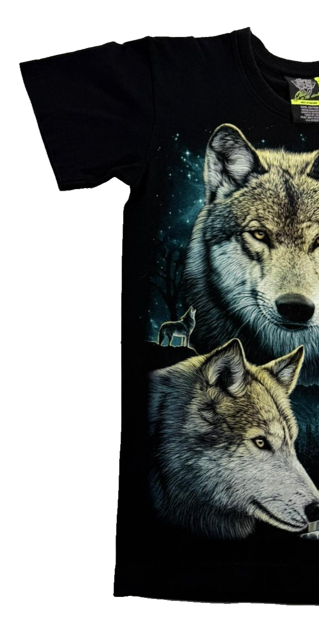 Black Wolf Graphic T-Shirt Moon Wildlife Nature Print Short Sleeve Size S