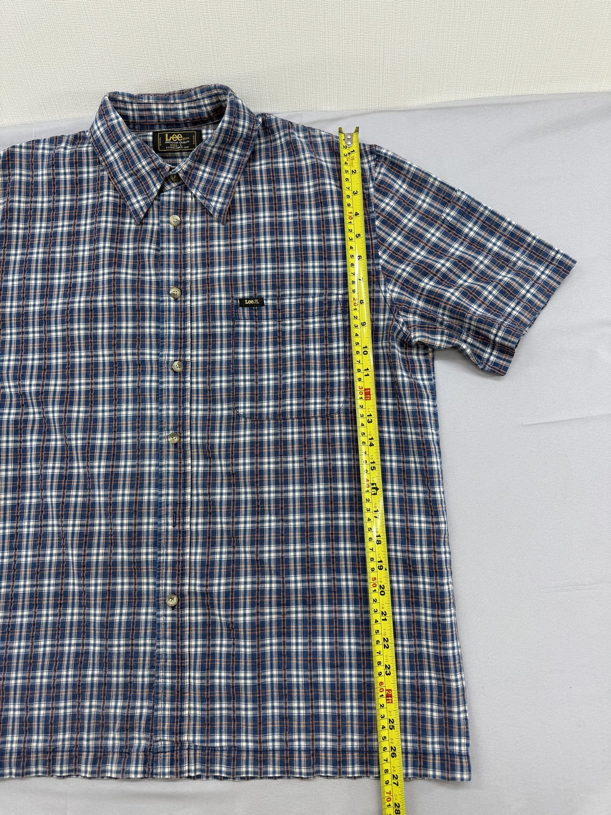 Lee Men's L Blue Plaid Short Sleeve Button-Down 100% Cotton Casual Shirt