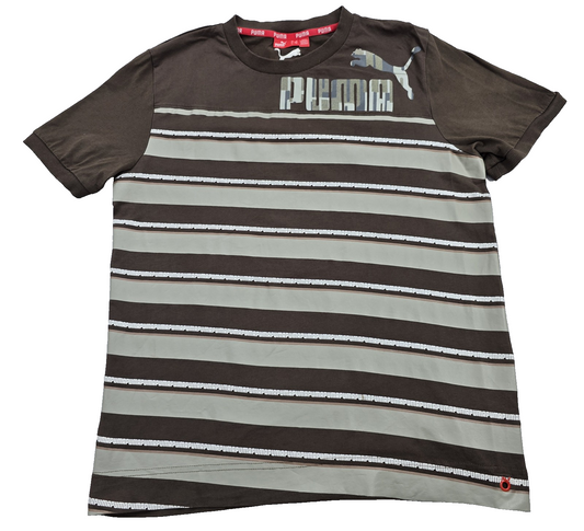 Puma Men's Brown T-Shirt – Size M, Striped, Short Sleeve