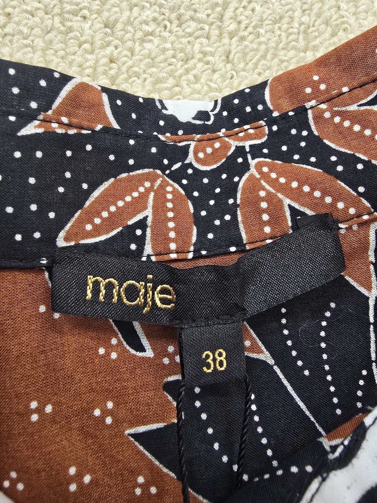 Maje Women's Brown Black Floral Collared Short Sleeve Shirt Size 38