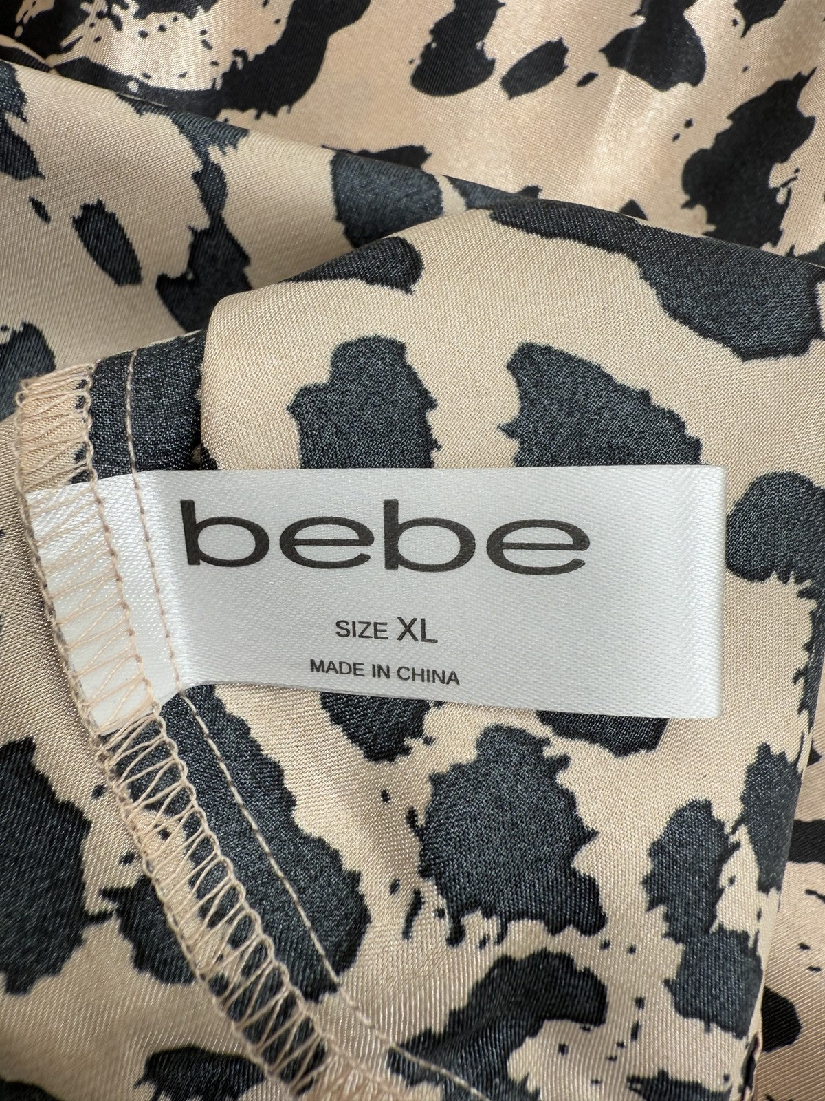 Bebe Leopard Print Long Sleeve Satin Top XL Brown
