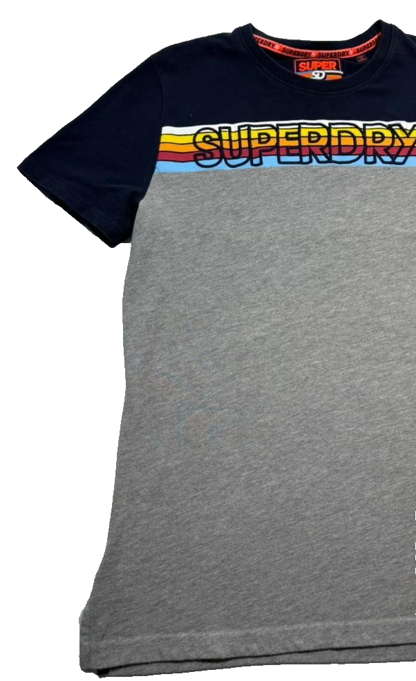 Superdry Men's Navy Gray Colorblock T-Shirt, Size L, Logo Casual Cotton Tee