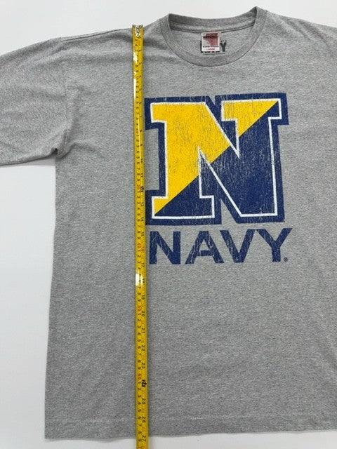 Bayside Men's Heather Grey Navy Graphic T-Shirt Size Large Made in USA