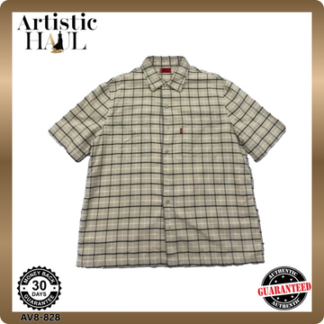 Levi's Men's Large Short Sleeve Plaid Cotton Button-Down Shirt Beige Navy