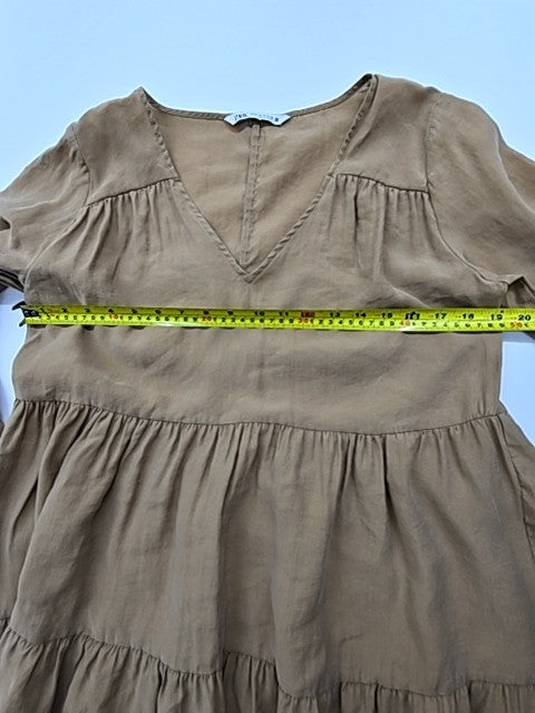 Zara Khaki V-Neck Puffed Sleeve Tiered Knee Dress M