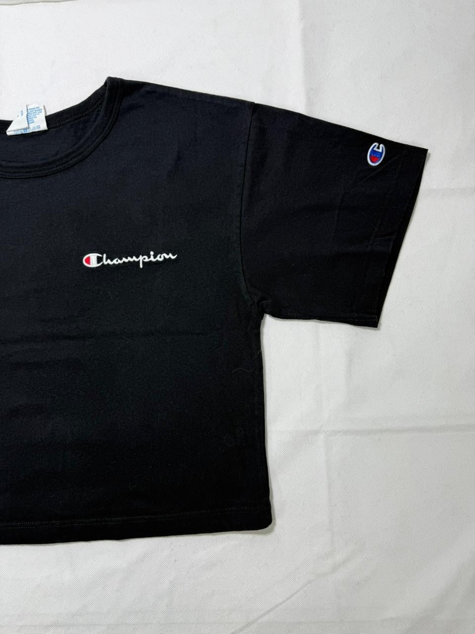 Champion Black Cropped T-Shirt Embroidered Logo Women's Size M