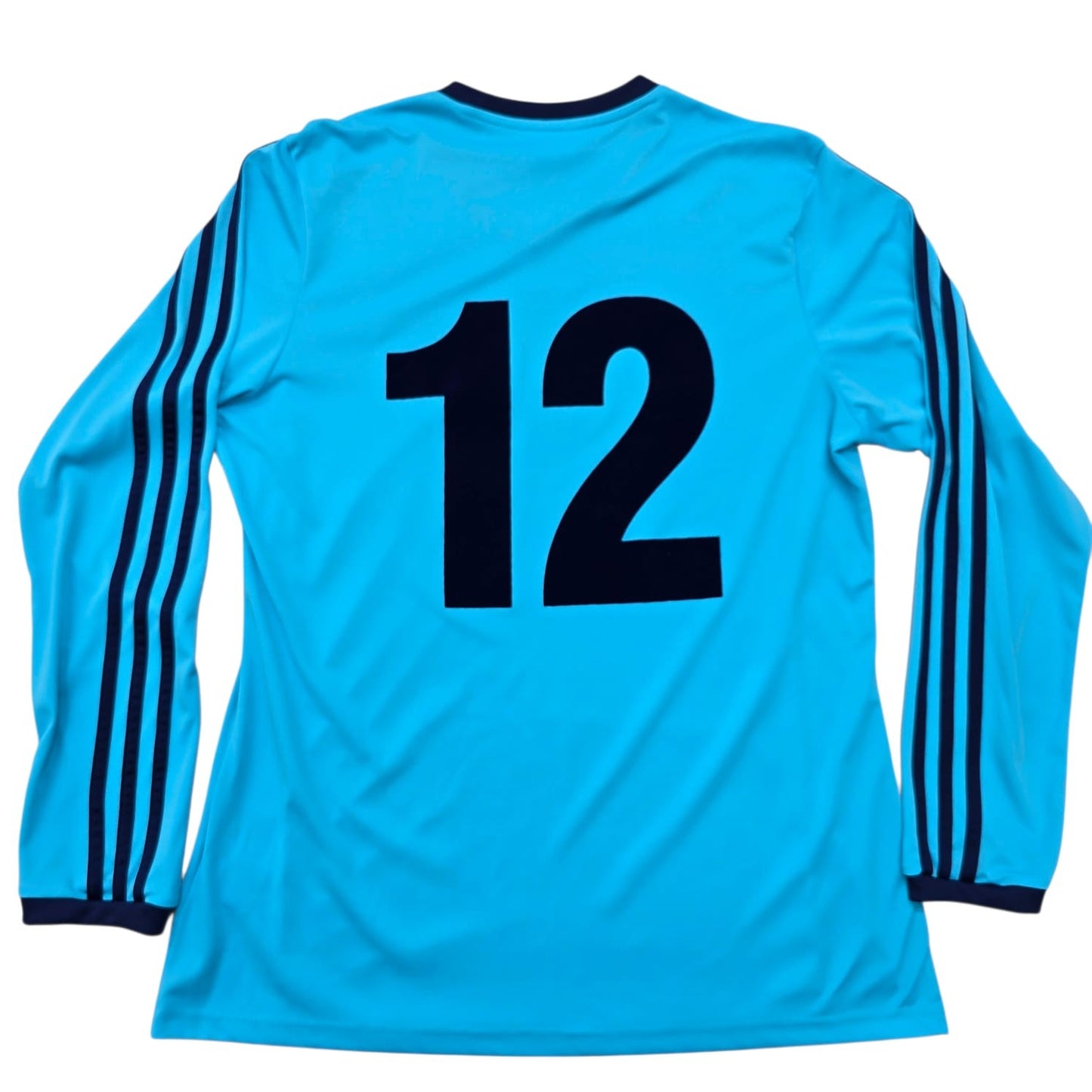 Adidas Men's Cyan Blue Striped Soccer Jersey L V-Neck Long Sleeve