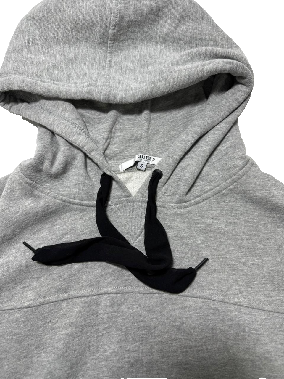 Guess Women's Grey Cropped Hoodie Size S Logo Front, Striped Sleeves