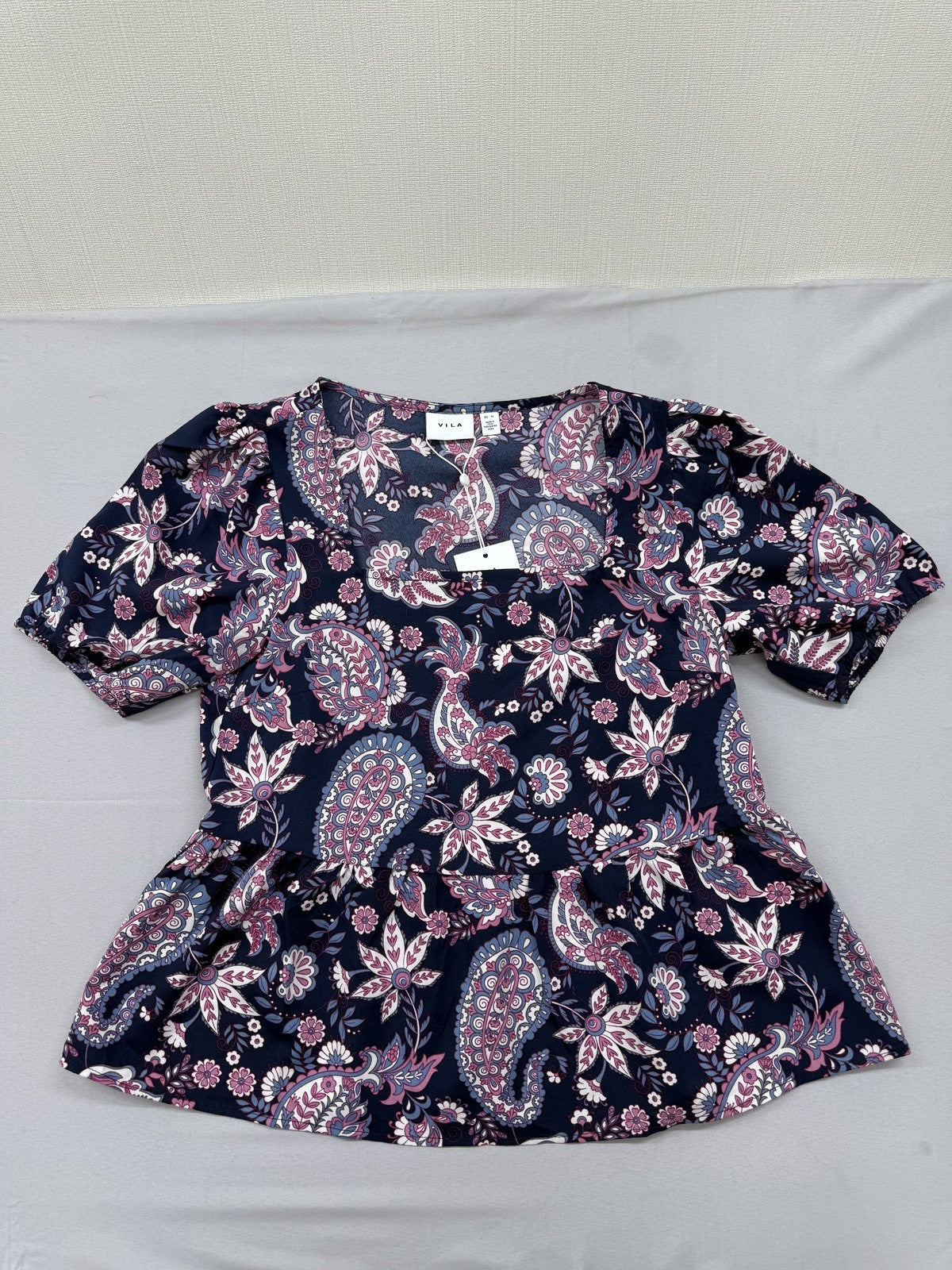 Vila Puff Sleeve Floral Paisley Top EU 36 Navy Pink White Blue Print