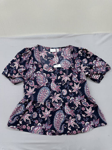 Vila Puff Sleeve Floral Paisley Top EU 36 Navy Pink White Blue Print