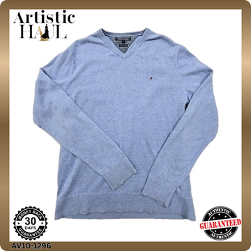 Tommy Hilfiger Men's Light Blue V-Neck Cable Knit Sweater L Pima Cotton Cashmere