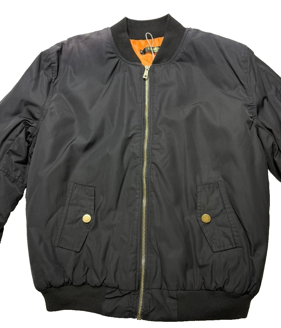 Classic Black Bomber Jacket Orange Lining Full Zip Pockets - Size M