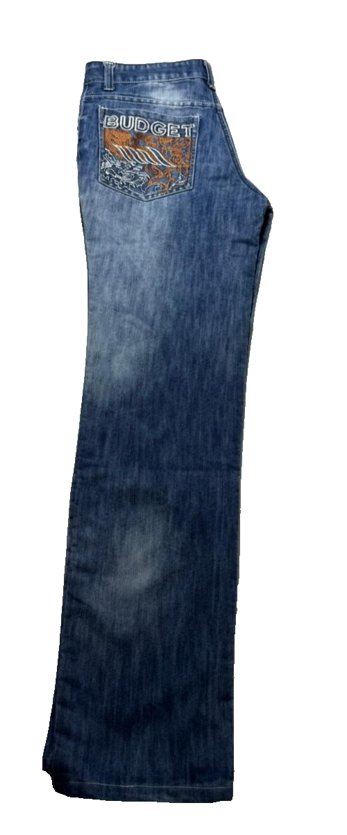Budget Men's Faded Denim Jeans - Embroidered Back Pockets, Straight Leg, Size 36