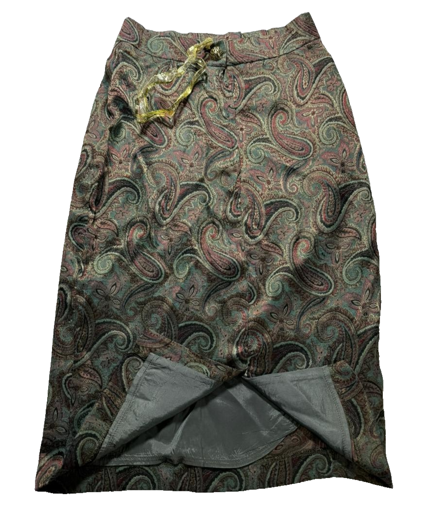 Vintage Paisley Printed Set Top And Skirt Green Brown Retro Women's Size 12