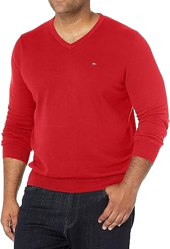 Tommy Hilfiger Red V-Neck Sweater L Cotton Knit Men's Pullover