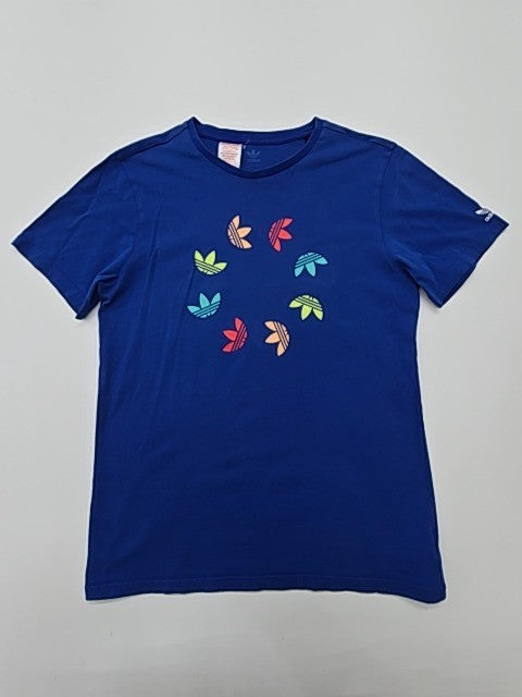 Adidas Boys Blue Graphic Logo T-Shirt Size 40 Regular Crew Neck