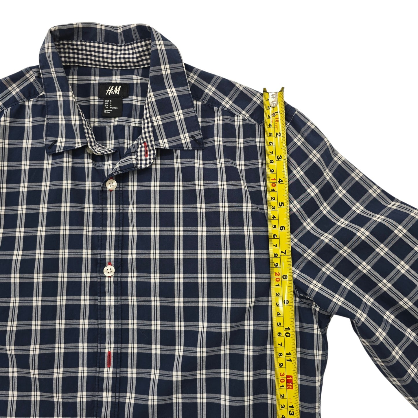 H&M Women's Navy White Check Button-Up Shirt Size S Long Sleeve Collare