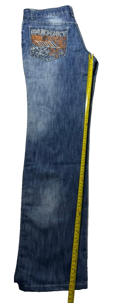Budget Men's Faded Denim Jeans - Embroidered Back Pockets, Straight Leg, Size 36
