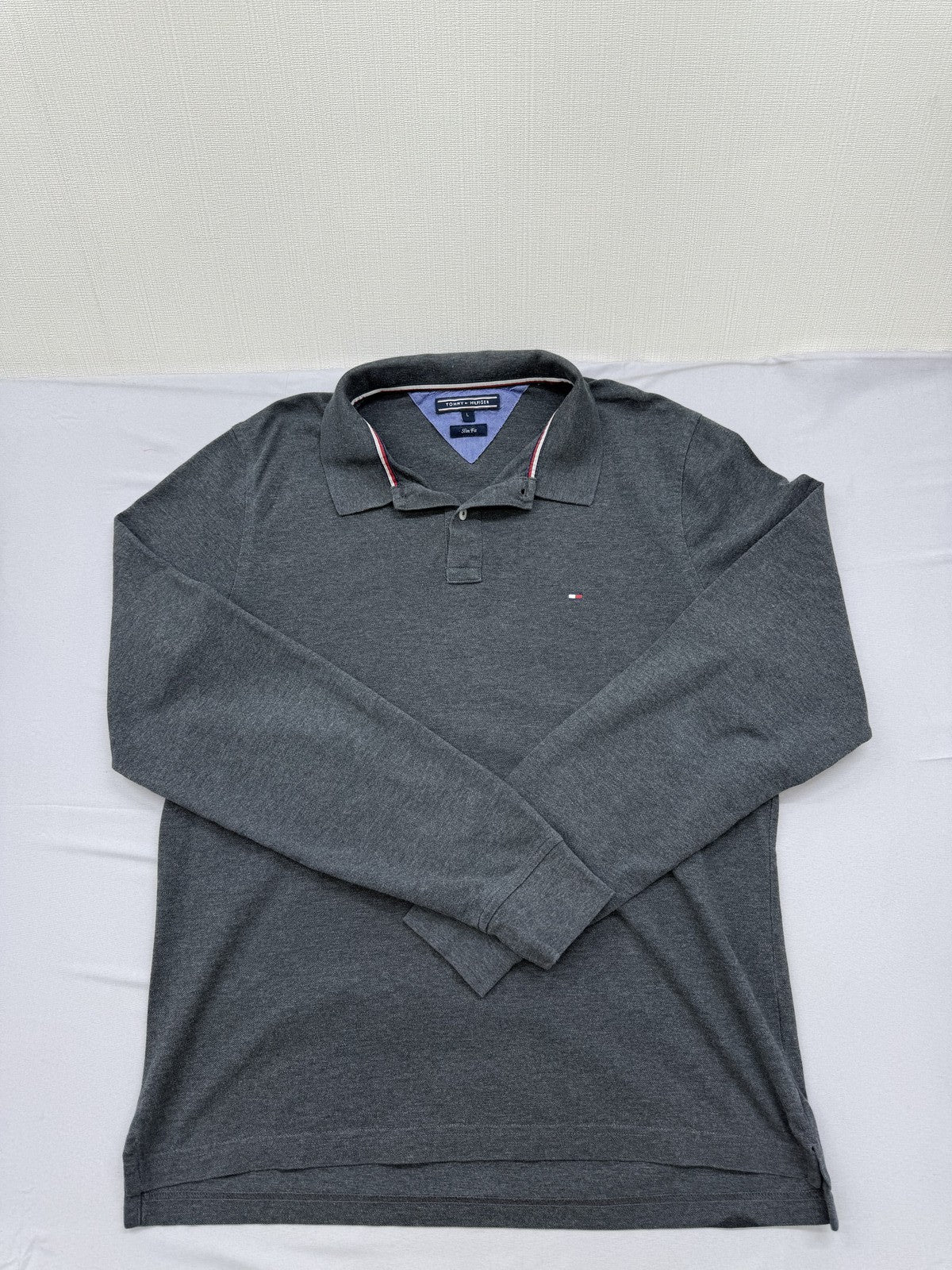 Tommy Hilfiger Men's Gray Slim Fit Long Sleeve Polo Shirt L Cotton