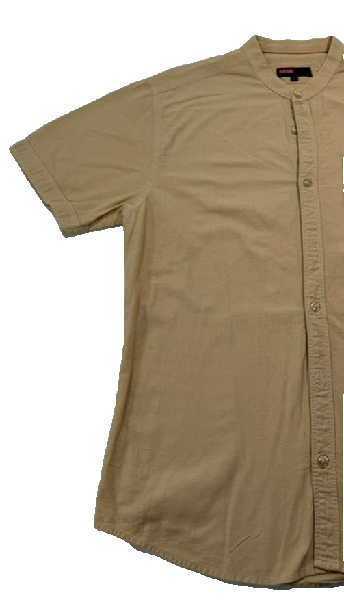 Diesel Tan Khaki Short Sleeve Shirt Mandarin Band Collar Casual Size L