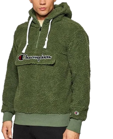 Champion Men's Sherpa Fleece Hoodie Green Logo Pullover Size M
