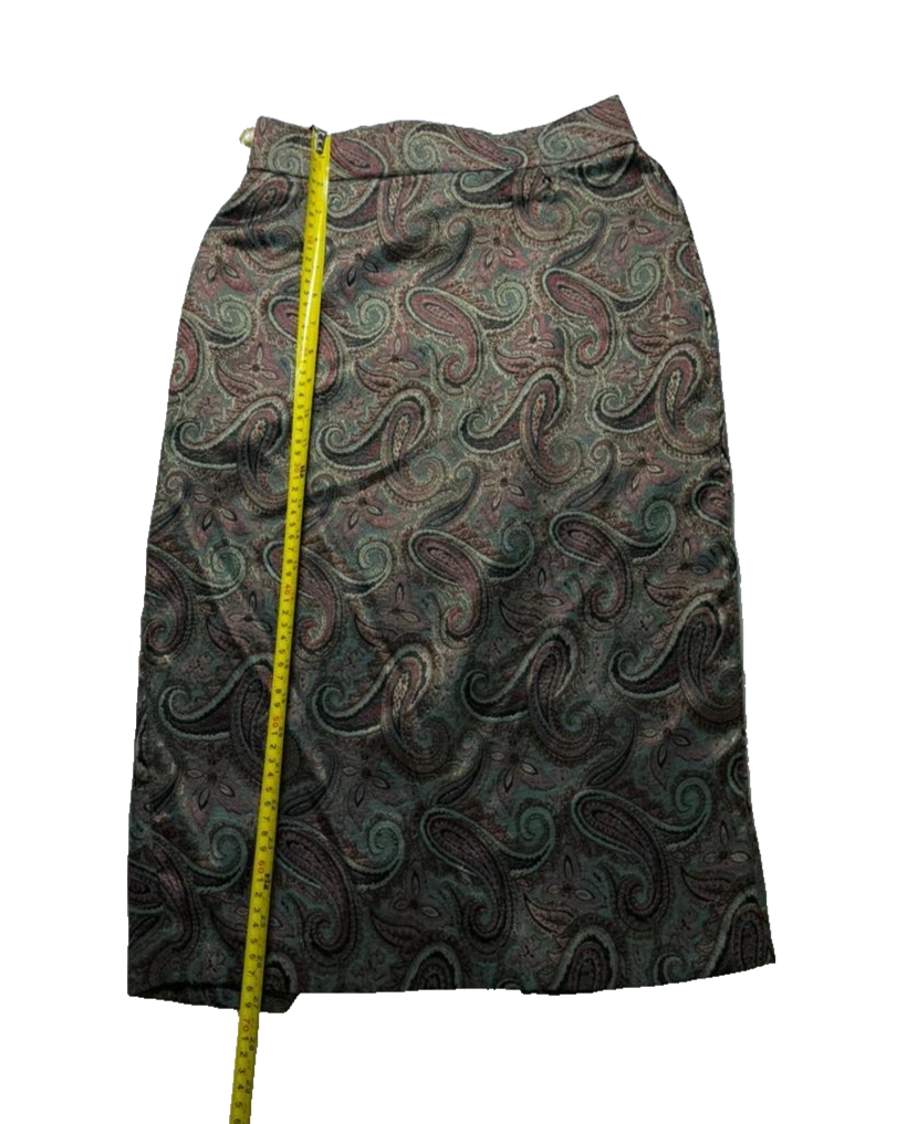 Vintage Paisley Printed Set Top And Skirt Green Brown Retro Women's Size 12