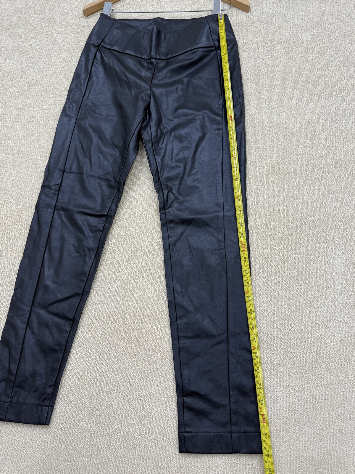 Esprit Black Faux Leather Straight Leg Leggings Women Casual Pockets Regular