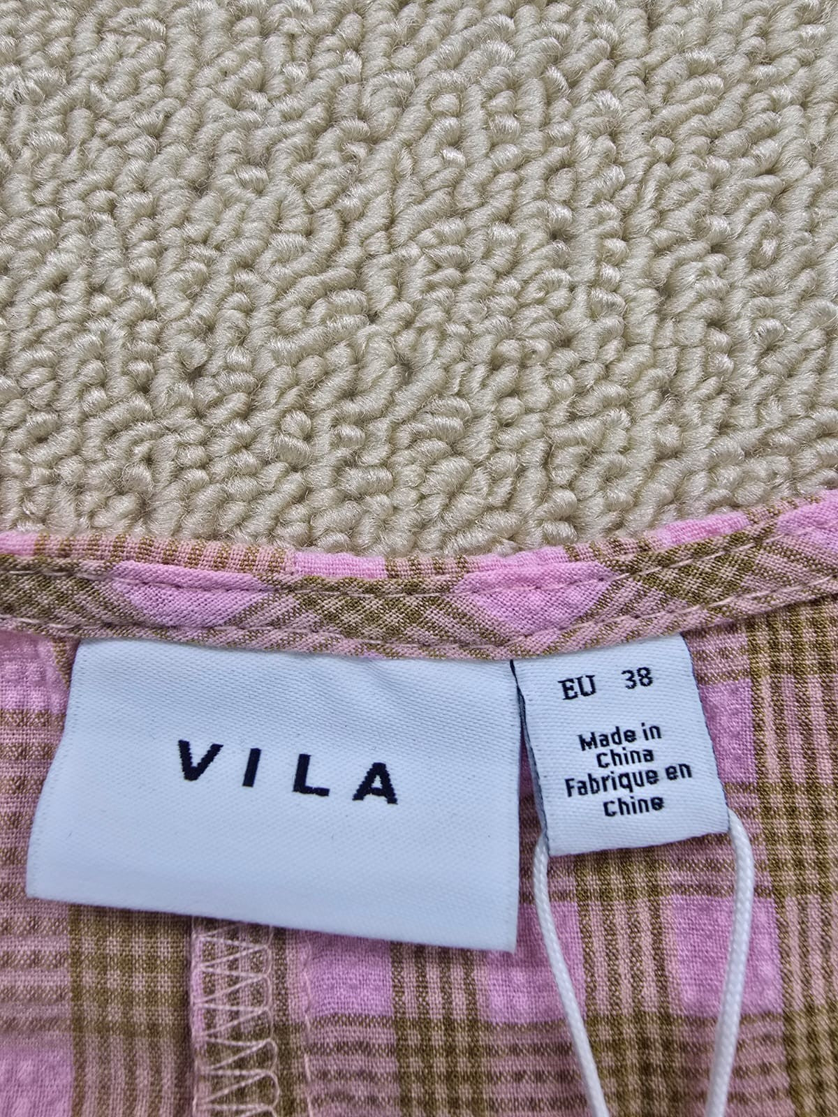 Vila Pink Beige Gingham Maxi Dress Short Puff Sleeve Round Neck M