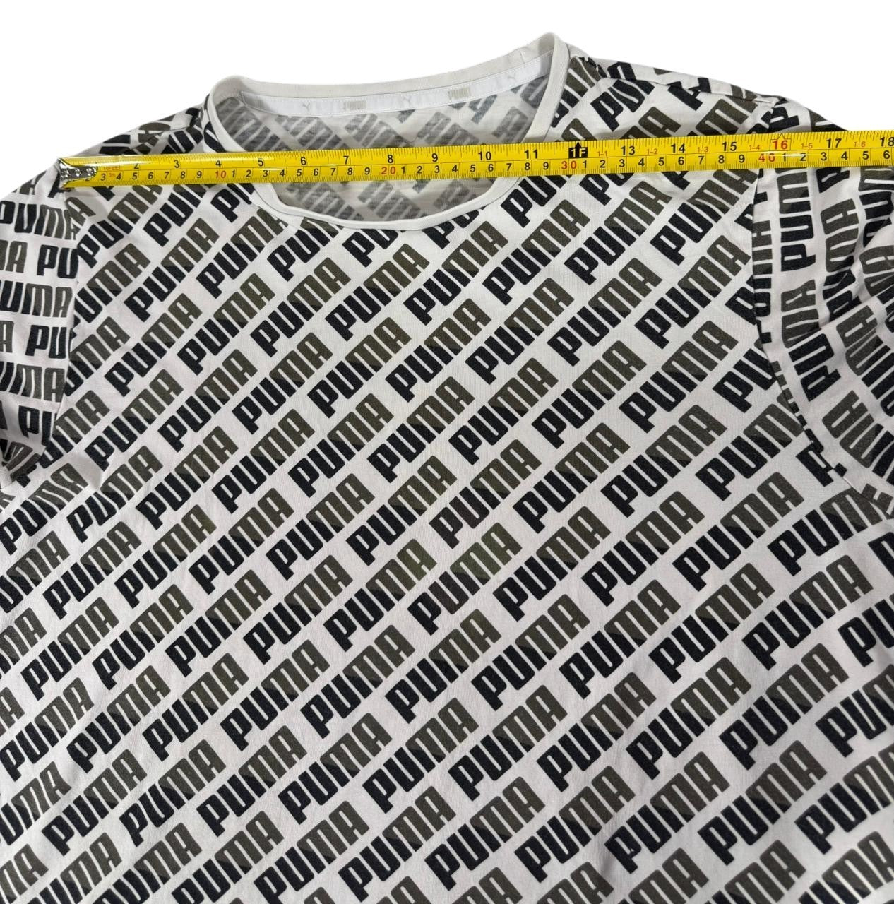 Puma Men's All Over Logo Print T-Shirt Black White Short Sleeve US Large Tag Fade