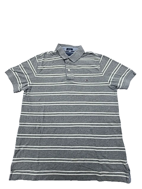 Tommy Hilfiger Men's Gray Polo Shirt – Size M, Striped, Cotton