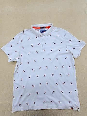 Superdry Men's White Fish Print Polo Shirt XXXXLarge Short Sleeve