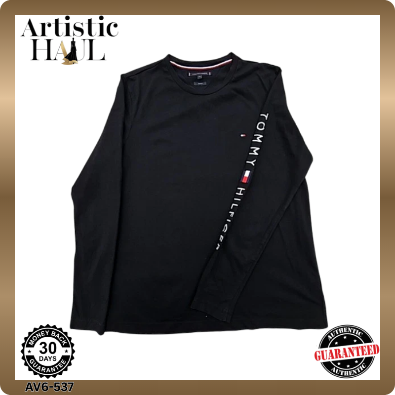 Tommy Hilfiger Men's Black XL Slim Fit Long Sleeve Cotton Tee Logo