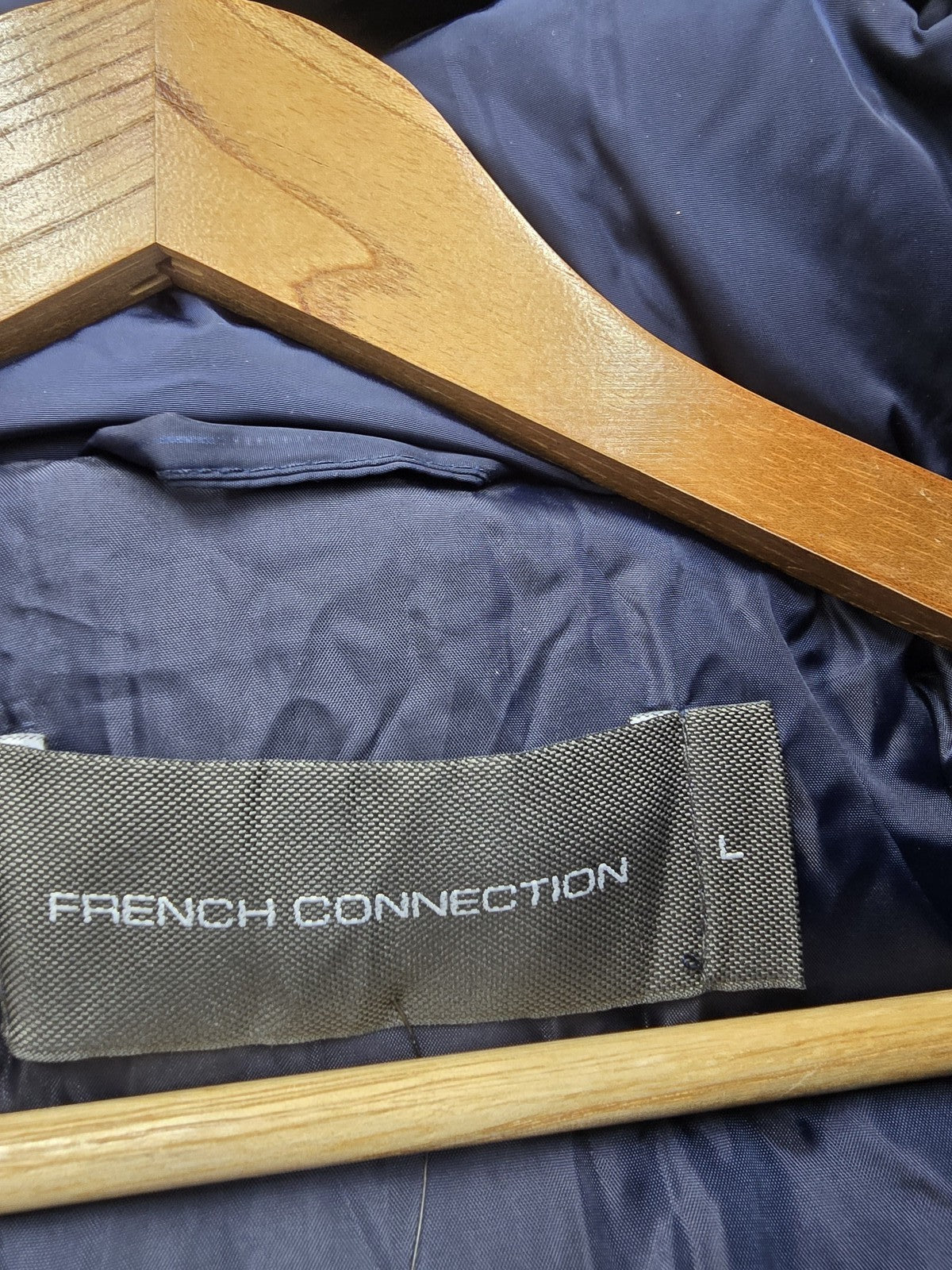 French Connection Women's Navy Puffer Jacket L Longline Faux Fur Hood