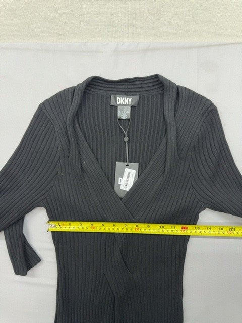 DKNY Black Long Sleeve Shift Midi Dress L Ribbed Knit V-Neck