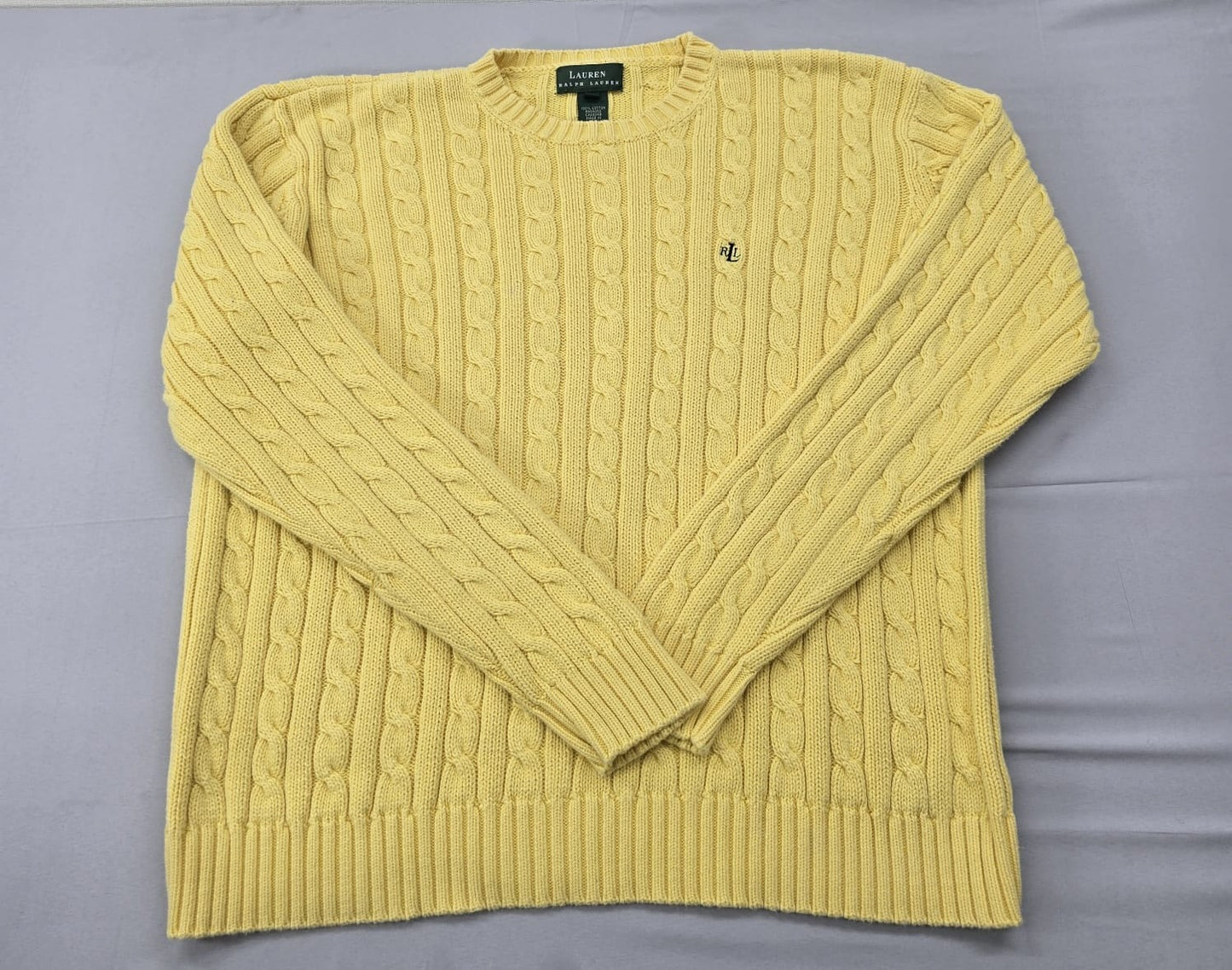 RALPH LAUREN Green label Cable Knit Crewneck Sweater Yellow L Cotton Long Sleeve