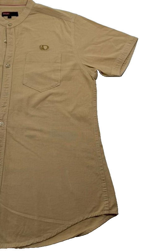 Diesel Tan Khaki Short Sleeve Shirt Mandarin Band Collar Casual Size L